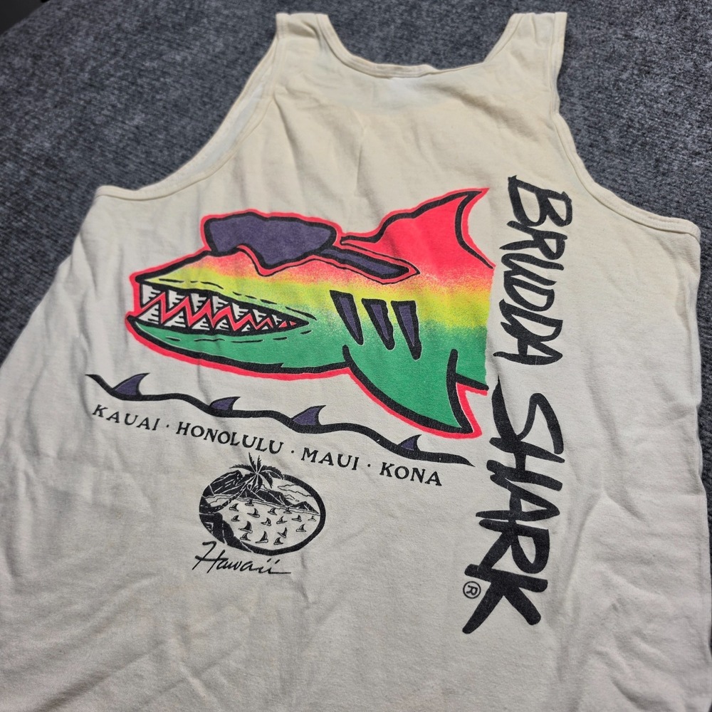 Vintage Brudda Shark Hawaii Tank Top M Neon Surf Skate Shirt Delta Made in USA